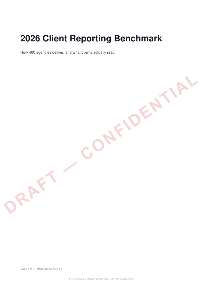 Page 1 of the benchmark report with a translucent diagonal DRAFT — CONFIDENTIAL watermark and a per-reviewer footer line, original content fully readable