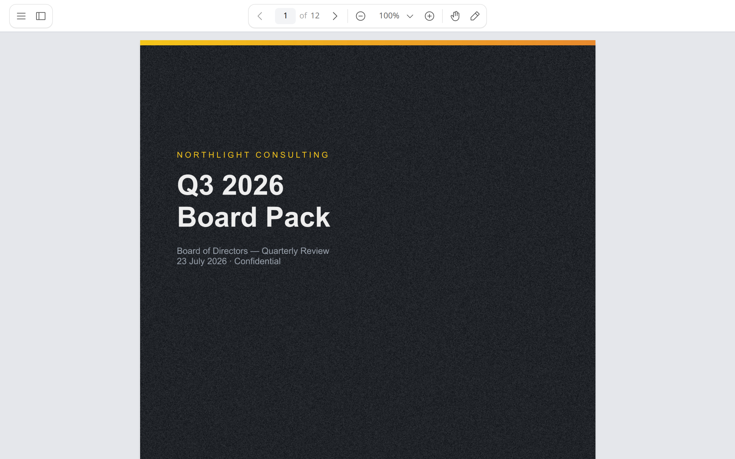 The browser viewer showing page 1 of 12 of the Q3 Board Pack with navigation, zoom, pan and annotation controls in the toolbar